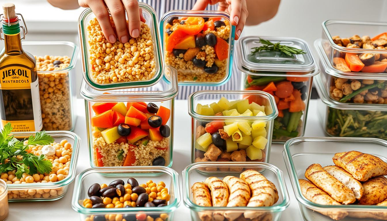 A person meal prepping Mediterranean diet foods in glass containers for the week A person meal prepping Mediterranean diet foods in glass containers for the week