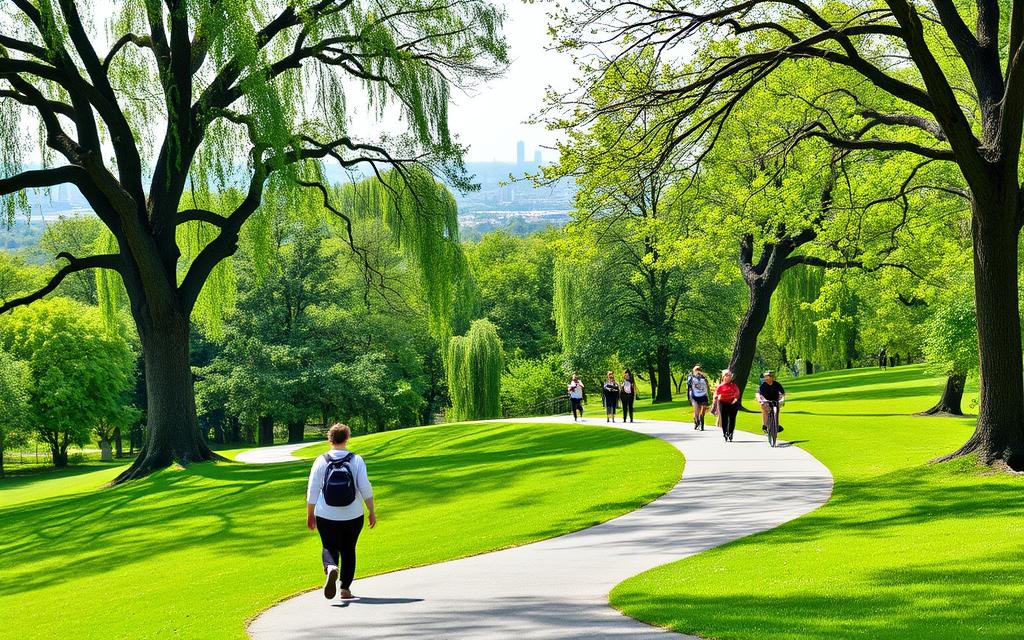 A scenic landscape featuring a winding path leading through a lush, verdant park. In the foreground, a person strolling leisurely, taking in the sights and sounds of nature. The path is flanked by towering trees, their branches casting a gentle, dappled light over the scene. In the middle ground, people of various ages and backgrounds are walking, jogging, or cycling, all exuding a sense of tranquility and well-being. In the background, a cityscape can be seen in the distance, emphasizing the contrast between the urban and the natural. The overall mood is one of serenity, health, and the quiet benefits of daily walking. A scenic landscape featuring a winding path leading through a lush, verdant park. In the foreground, a person strolling leisurely, taking in the sights and sounds of nature. The path is flanked by towering trees, their branches casting a gentle, dappled light over the scene. In the middle ground, people of various ages and backgrounds are walking, jogging, or cycling, all exuding a sense of tranquility and well-being. In the background, a cityscape can be seen in the distance, emphasizing the contrast between the urban and the natural. The overall mood is one of serenity, health, and the quiet benefits of daily walking.