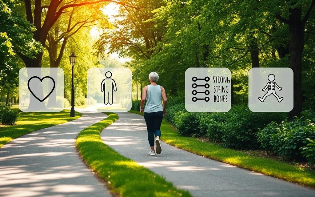 A serene park path winding through lush greenery, sunlight filtering through the trees. In the foreground, a person strolling leisurely, their steps light and rejuvenated. Surrounding them, various icons depicting the benefits of walking - a healthy heart, strong bones, improved mood, and increased energy. The scene conveys a sense of calm, wellness, and the joys of an active lifestyle. Captured with a wide-angle lens to emphasize the tranquil, inviting atmosphere. A serene park path winding through lush greenery, sunlight filtering through the trees. In the foreground, a person strolling leisurely, their steps light and rejuvenated. Surrounding them, various icons depicting the benefits of walking - a healthy heart, strong bones, improved mood, and increased energy. The scene conveys a sense of calm, wellness, and the joys of an active lifestyle. Captured with a wide-angle lens to emphasize the tranquil, inviting atmosphere.