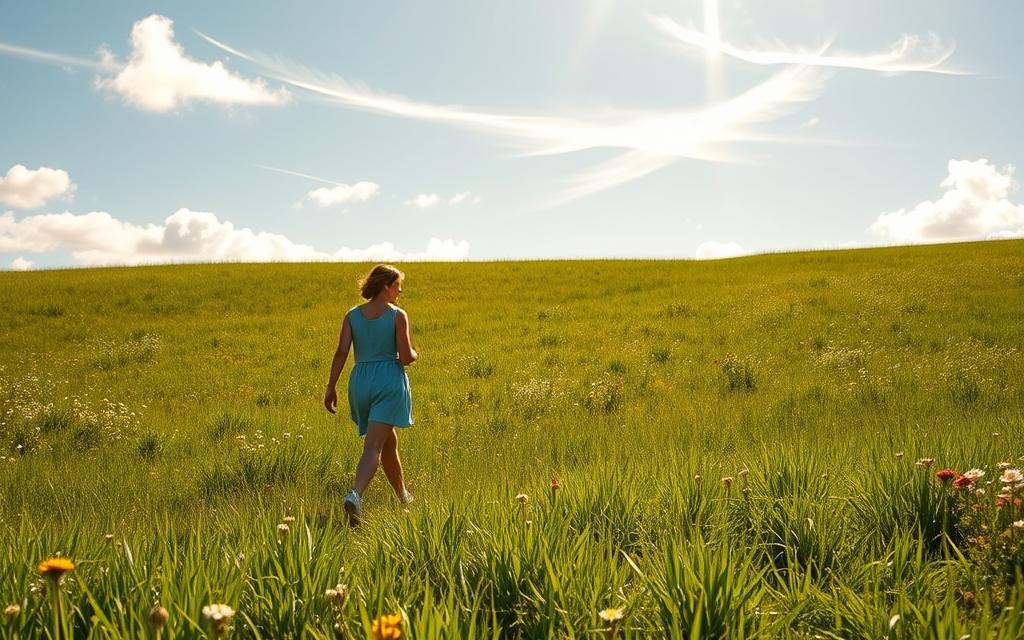 A serene, sun-dappled meadow with lush green grass and wildflowers in bloom. In the foreground, a person walks leisurely, their expression tranquil and introspective. Wispy clouds drift overhead, casting gentle shadows. The scene is bathed in warm, golden light, creating a sense of calm and clarity. The perspective is from a slightly elevated angle, allowing the viewer to observe the walker's peaceful journey through the natural landscape. The overall mood is one of mindfulness, inner balance, and the rejuvenating power of daily outdoor exercise. A serene, sun-dappled meadow with lush green grass and wildflowers in bloom. In the foreground, a person walks leisurely, their expression tranquil and introspective. Wispy clouds drift overhead, casting gentle shadows. The scene is bathed in warm, golden light, creating a sense of calm and clarity. The perspective is from a slightly elevated angle, allowing the viewer to observe the walker's peaceful journey through the natural landscape. The overall mood is one of mindfulness, inner balance, and the rejuvenating power of daily outdoor exercise.