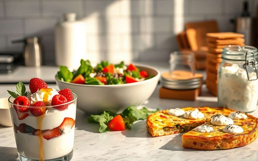 A sunlit kitchen counter showcasing an array of delectable cottage cheese dishes. In the foreground, a creamy cottage cheese parfait layered with fresh berries and a drizzle of honey. Next to it, a hearty cottage cheese and vegetable frittata, its golden crust shimmering under soft, warm lighting. In the middle ground, a salad bowl brimming with crisp greens, juicy tomatoes, and dollops of tangy cottage cheese. In the background, a glass jar filled with cottage cheese and a sprinkle of chia seeds, alongside a stack of whole-grain crackers. The scene exudes a sense of nourishment and culinary versatility, inviting the viewer to explore the many ways cottage cheese can elevate everyday snacks and meals. A sunlit kitchen counter showcasing an array of delectable cottage cheese dishes. In the foreground, a creamy cottage cheese parfait layered with fresh berries and a drizzle of honey. Next to it, a hearty cottage cheese and vegetable frittata, its golden crust shimmering under soft, warm lighting. In the middle ground, a salad bowl brimming with crisp greens, juicy tomatoes, and dollops of tangy cottage cheese. In the background, a glass jar filled with cottage cheese and a sprinkle of chia seeds, alongside a stack of whole-grain crackers. The scene exudes a sense of nourishment and culinary versatility, inviting the viewer to explore the many ways cottage cheese can elevate everyday snacks and meals.