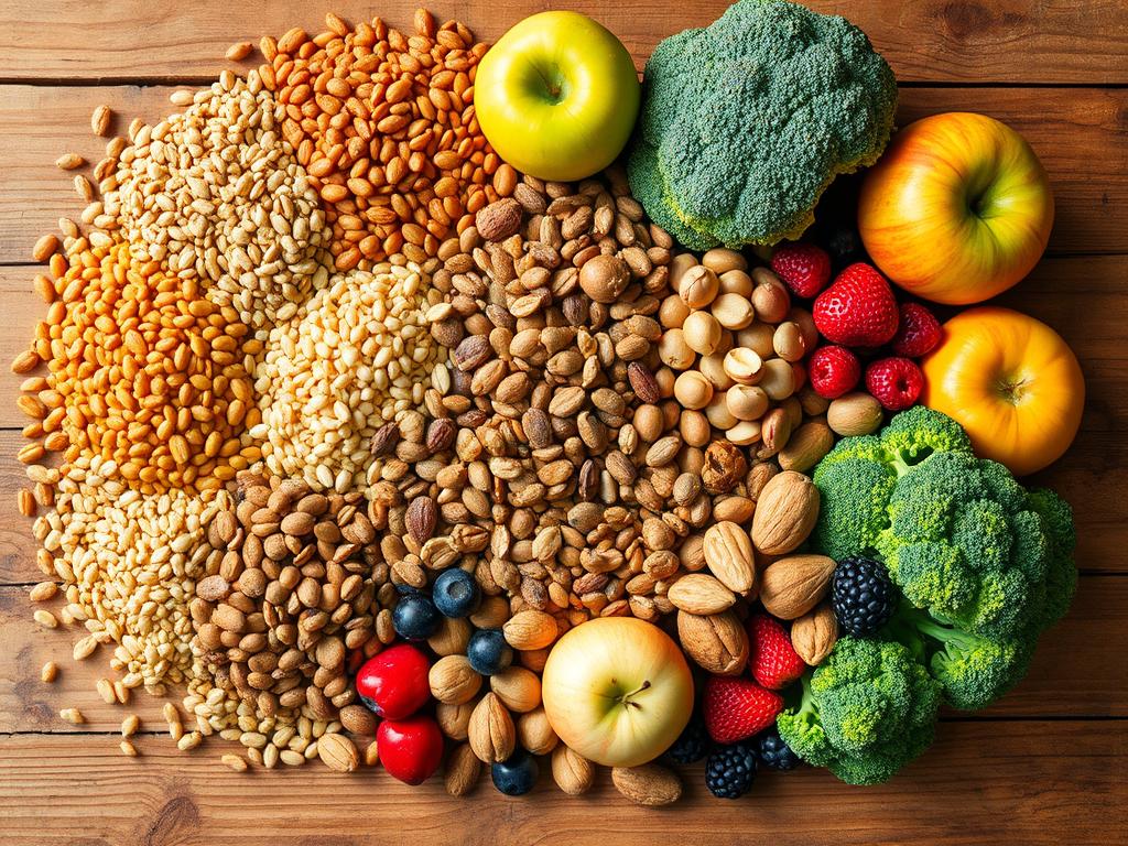 Assortment of high-fiber foods including whole grains, legumes, fruits and vegetables Assortment of high-fiber foods including whole grains, legumes, fruits and vegetables