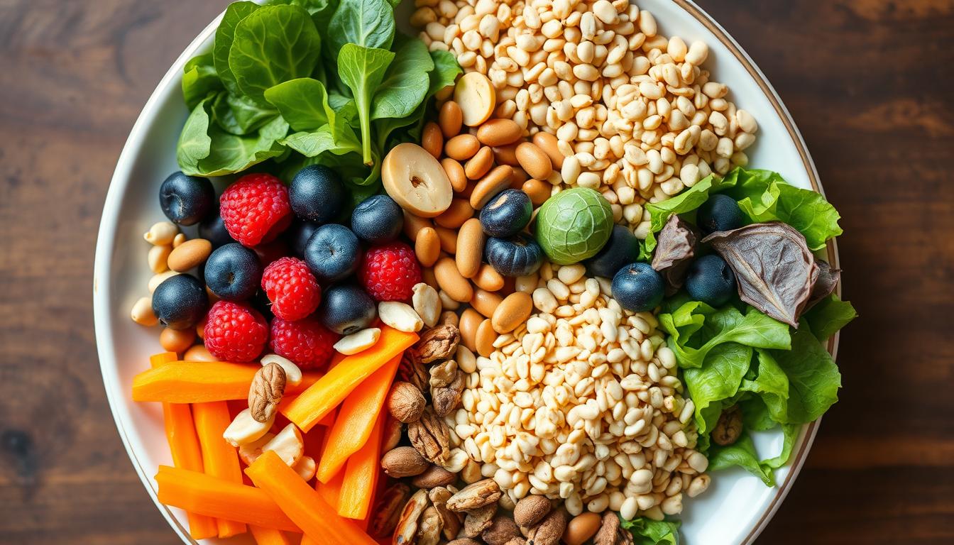 Colorful plate of high-fiber, nutrient-dense foods Colorful plate of high-fiber, nutrient-dense foods
