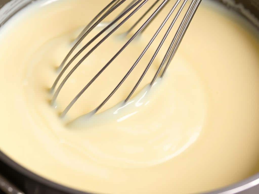 Creamy béchamel sauce being prepared for Moussaka topping Creamy béchamel sauce being prepared for Moussaka topping