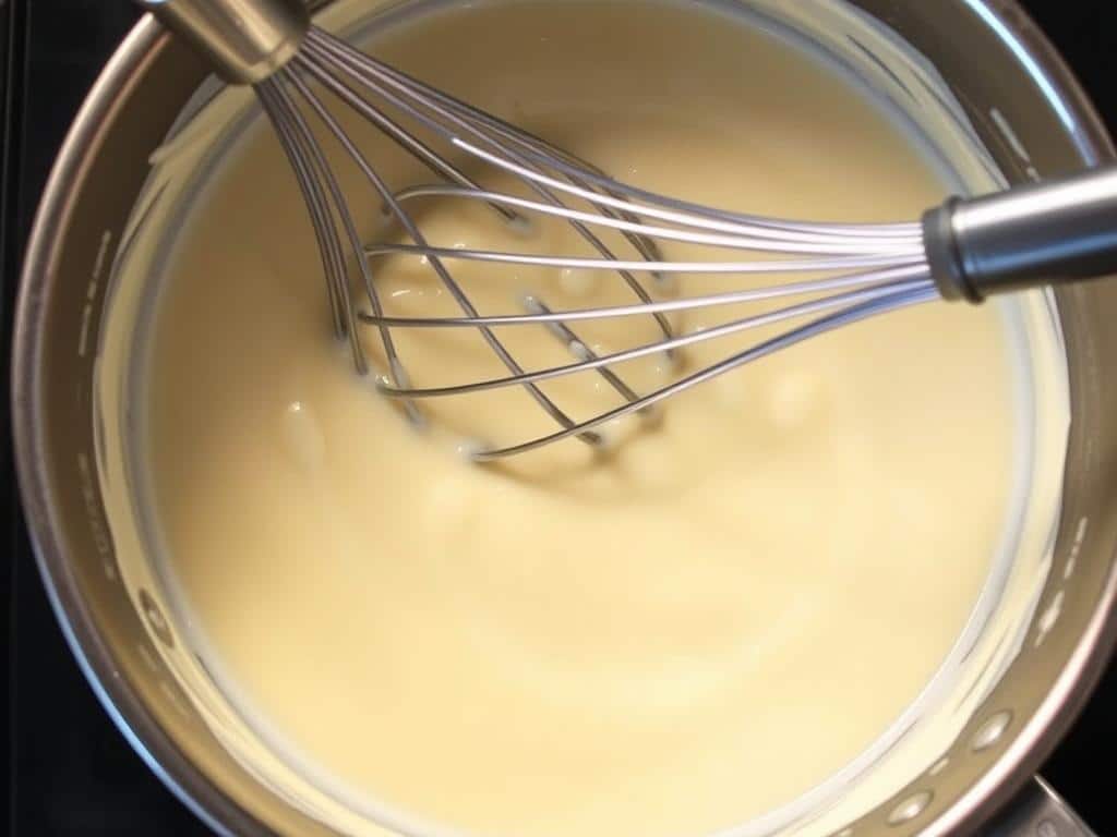 Creamy béchamel sauce for Moussaka being prepared in a saucepan Creamy béchamel sauce for Moussaka being prepared in a saucepan