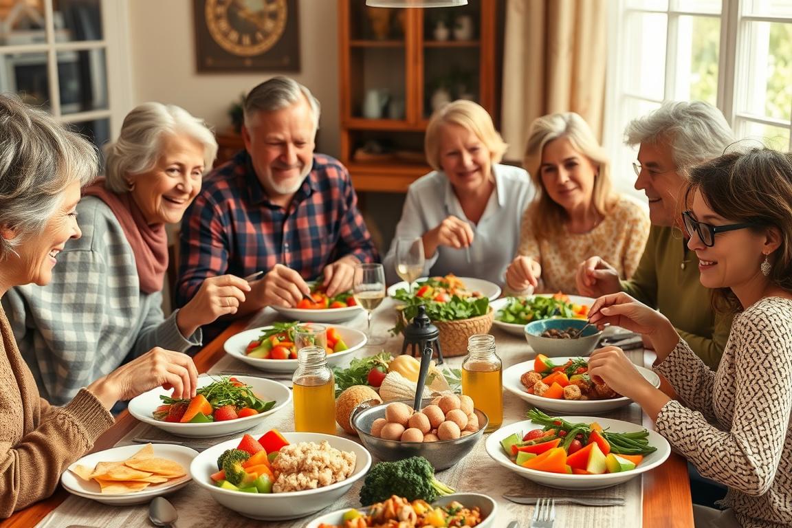 Family enjoying Mediterranean meal together at dinner table