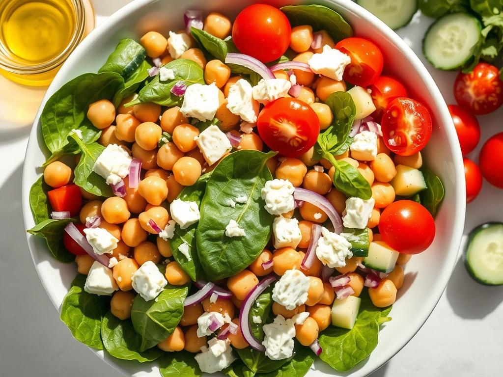 Fresh chickpea and spinach salad with feta cheese, red onions, and olive oil dressing in a bowl Fresh chickpea and spinach salad with feta cheese, red onions, and olive oil dressing in a bowl