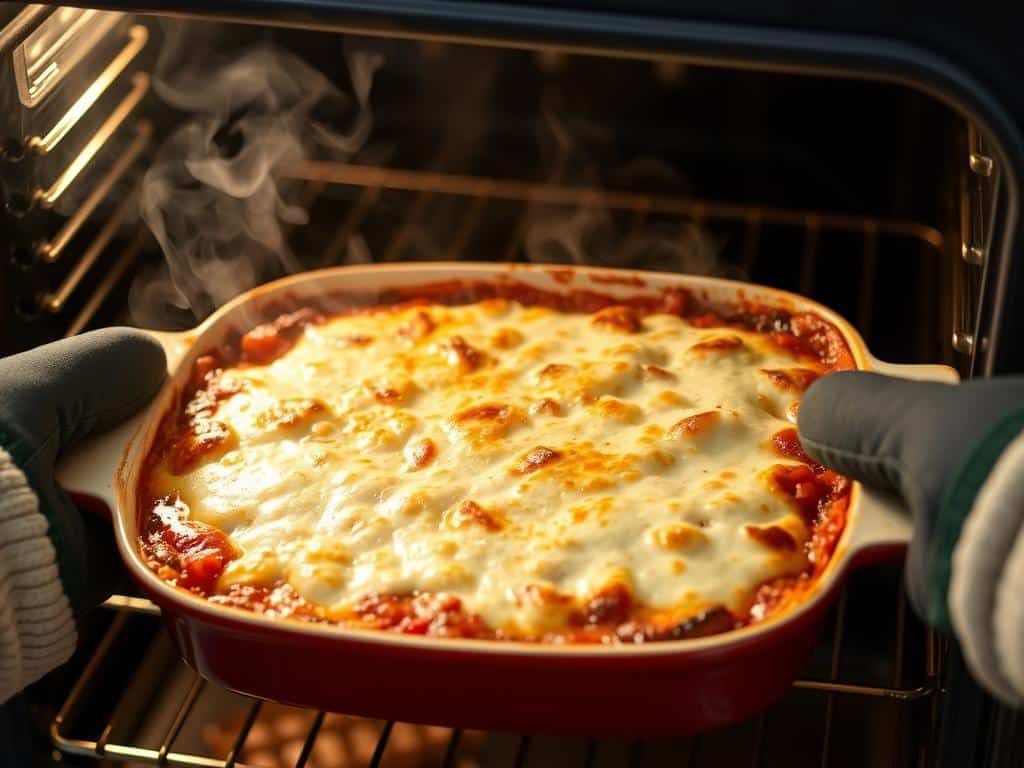 Freshly baked Moussaka with golden brown top being removed from the oven Freshly baked Moussaka with golden brown top being removed from the oven