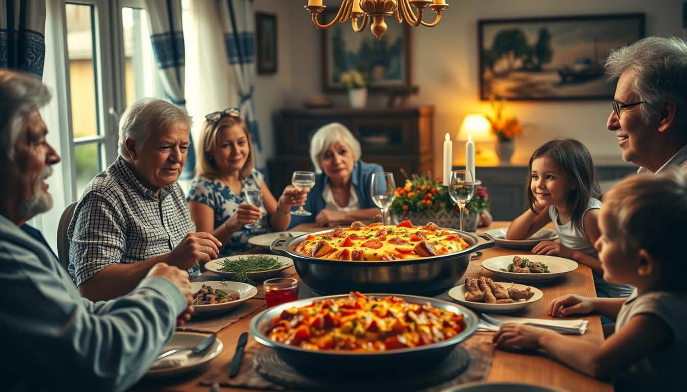 Greek family gathering around a table with Moussaka as the centerpiece dish Greek family gathering around a table with Moussaka as the centerpiece dish