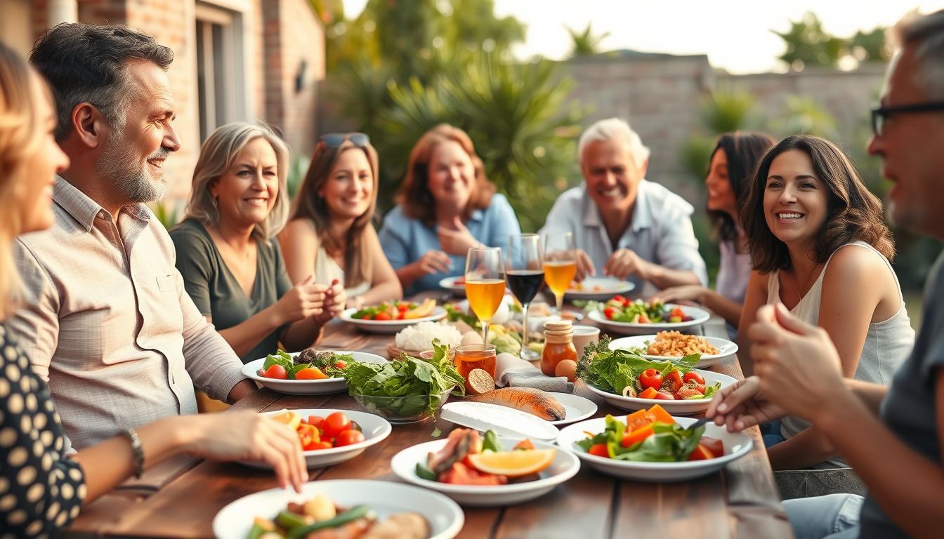 Happy diverse group of people enjoying a Mediterranean meal together, representing the social and enjoyable aspects of the Mediterranean diet for diabetes management Happy diverse group of people enjoying a Mediterranean meal together, representing the social and enjoyable aspects of the Mediterranean diet for diabetes management