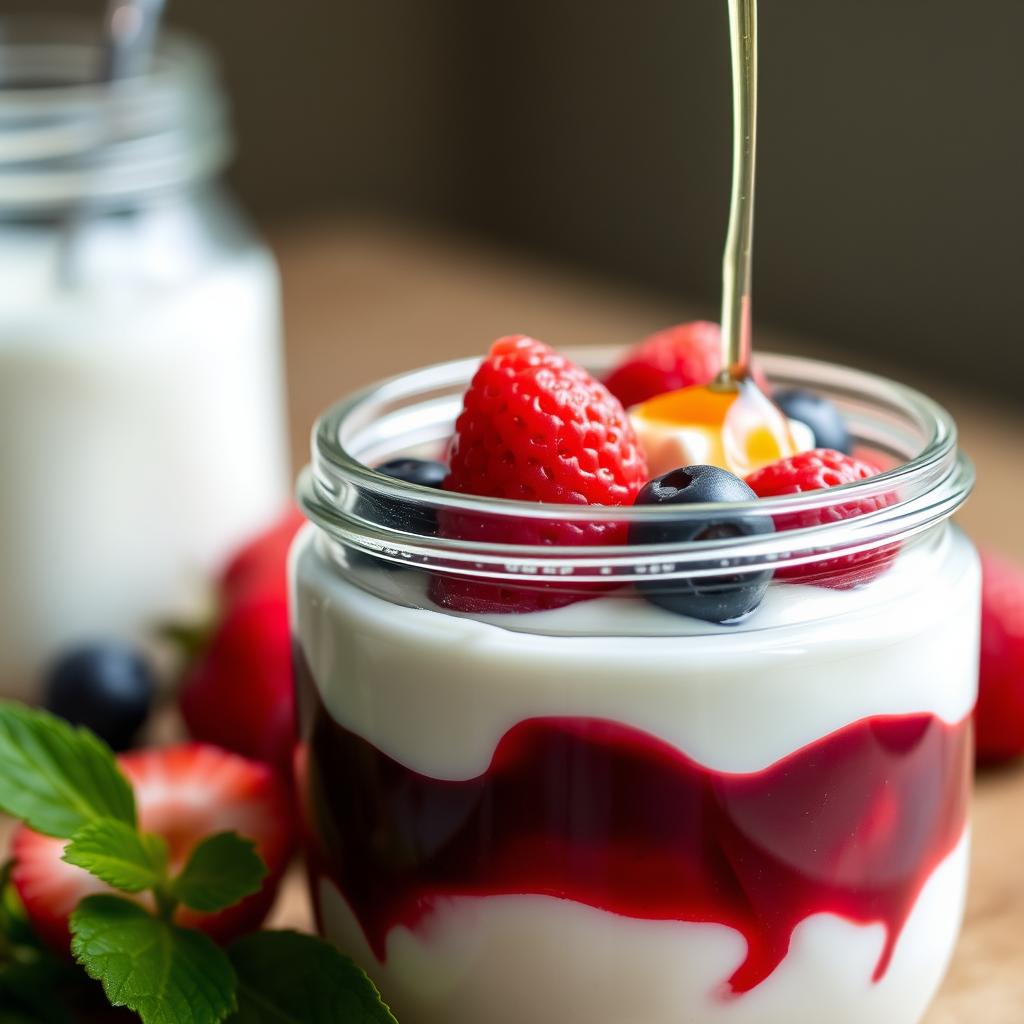 Homemade yogurt with active cultures and fresh berries in a glass jar Homemade yogurt with active cultures and fresh berries in a glass jar