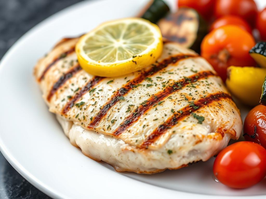 Lemon-herb grilled chicken breast with roasted vegetables and a slice of lemon Lemon-herb grilled chicken breast with roasted vegetables and a slice of lemon