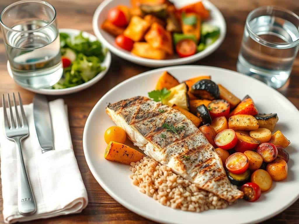 Mediterranean diet meal showing grilled fish, vegetables, whole grains, and olive oil