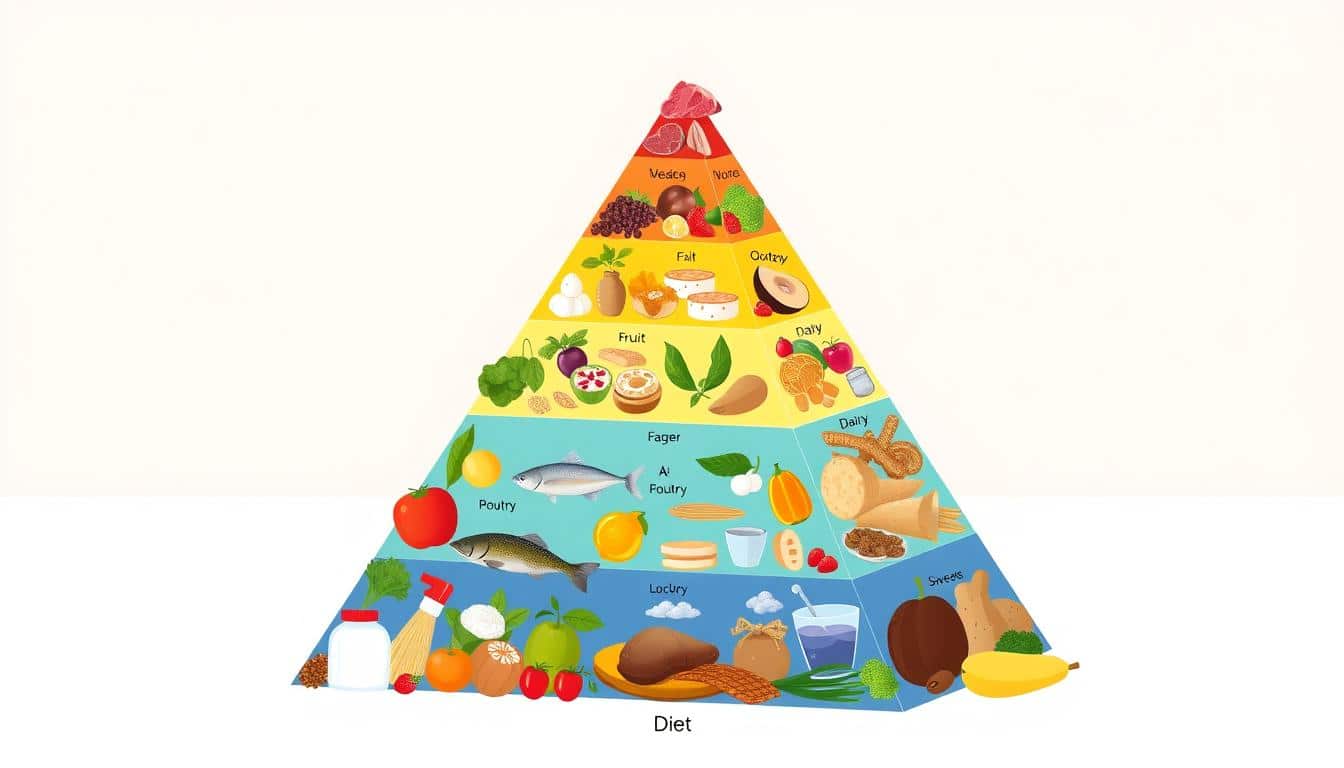 Mediterranean diet pyramid showing food groups with vegetables, fruits, whole grains at the base