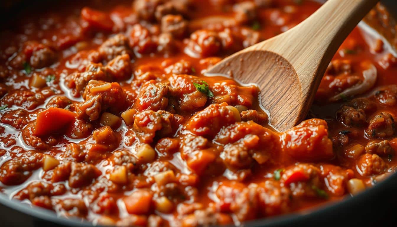 Moussaka meat sauce cooking in a pan with visible herbs and spices Moussaka meat sauce cooking in a pan with visible herbs and spices