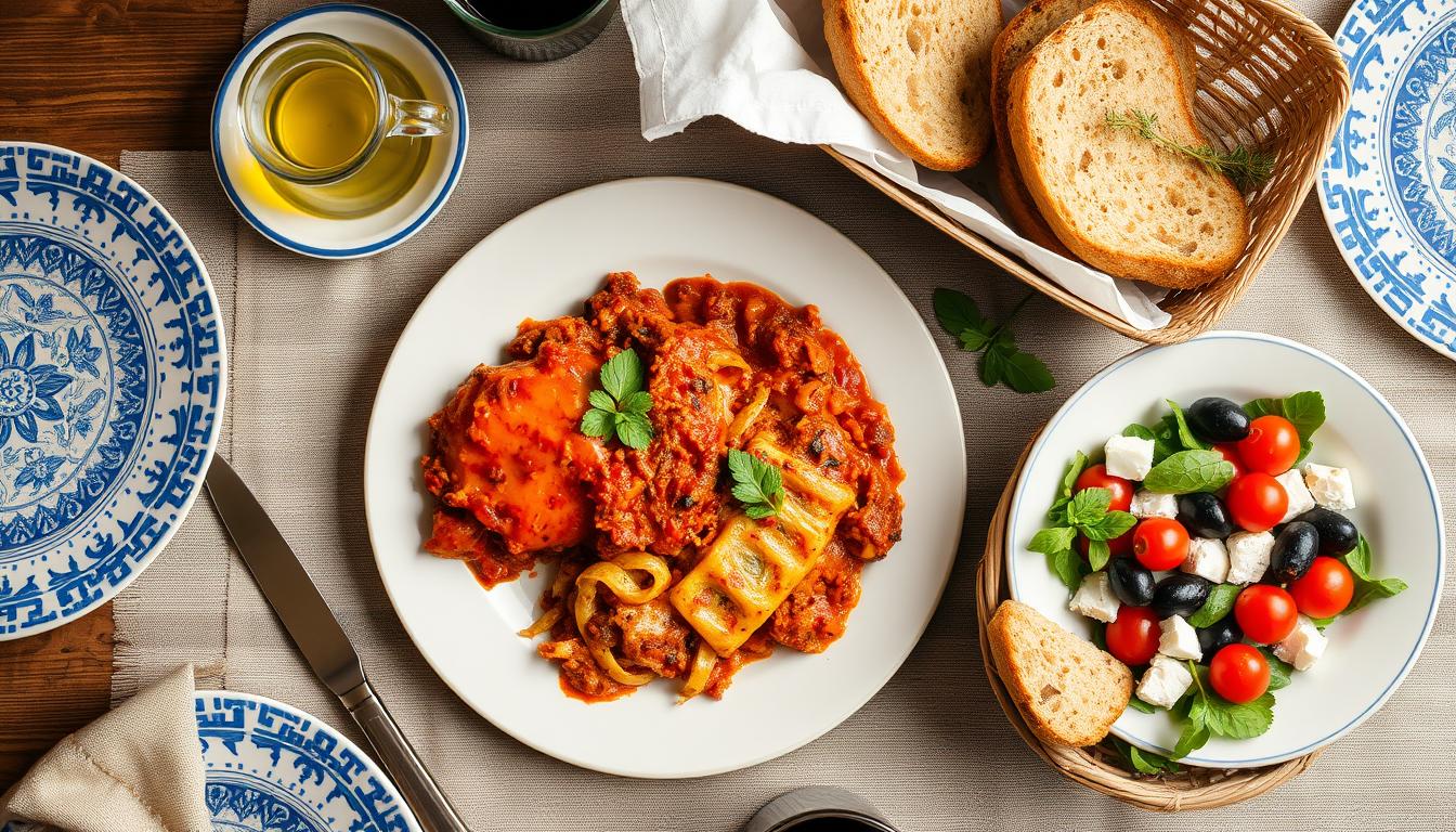 Moussaka served with Greek salad and crusty bread on a dining table Moussaka served with Greek salad and crusty bread on a dining table