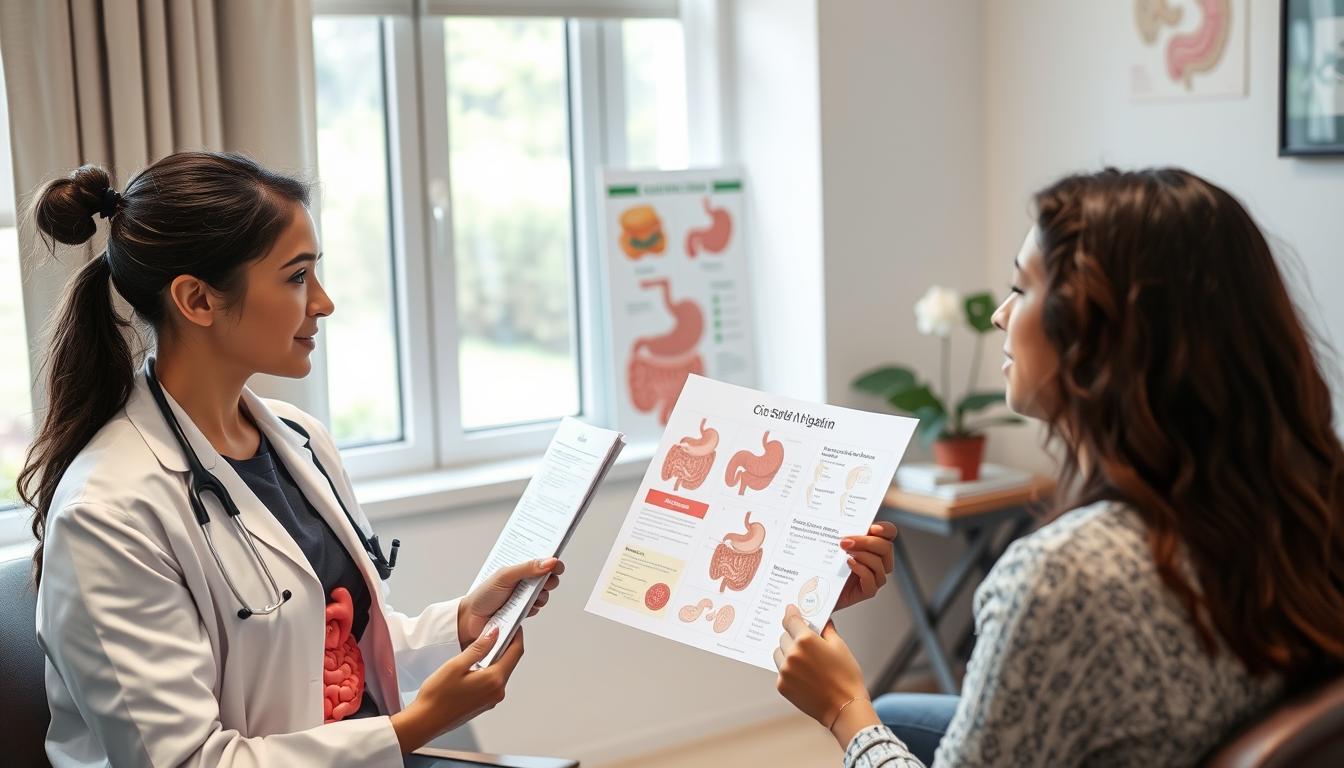 Person discussing gut health with a healthcare professional Person discussing gut health with a healthcare professional