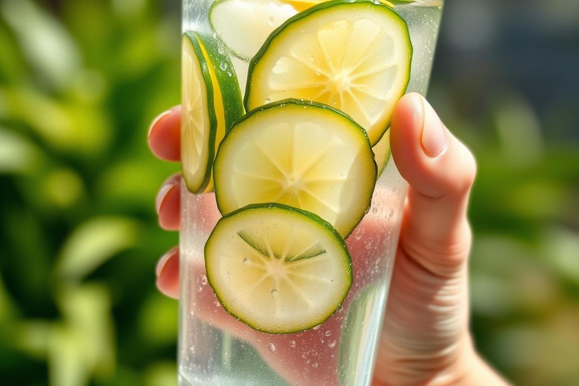 Person drinking water from a glass with sliced cucumber and lemon Person drinking water from a glass with sliced cucumber and lemon