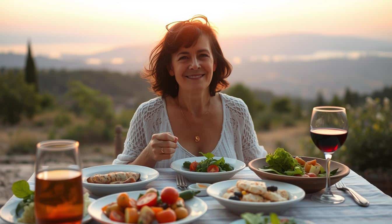 Person enjoying Mediterranean meal outdoors with sunset view