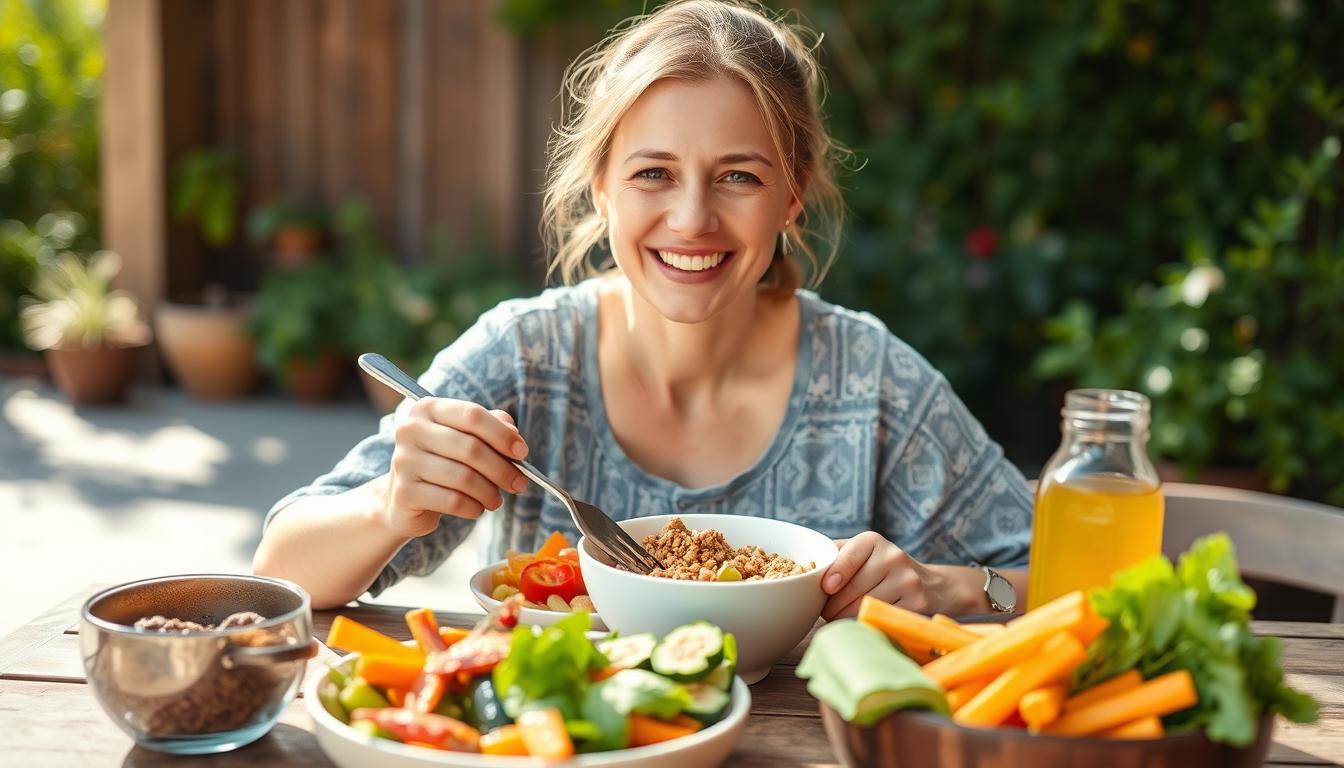 Person enjoying a colorful, fiber-rich meal outdoors Person enjoying a colorful, fiber-rich meal outdoors