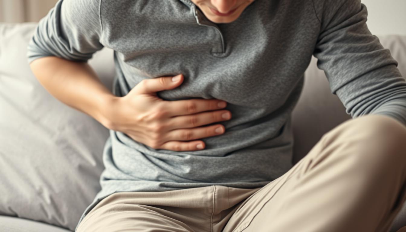 Person holding stomach showing signs of digestive discomfort Person holding stomach showing signs of digestive discomfort