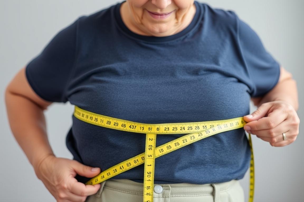 Person measuring waist circumference instead of using scale Person measuring waist circumference instead of using scale