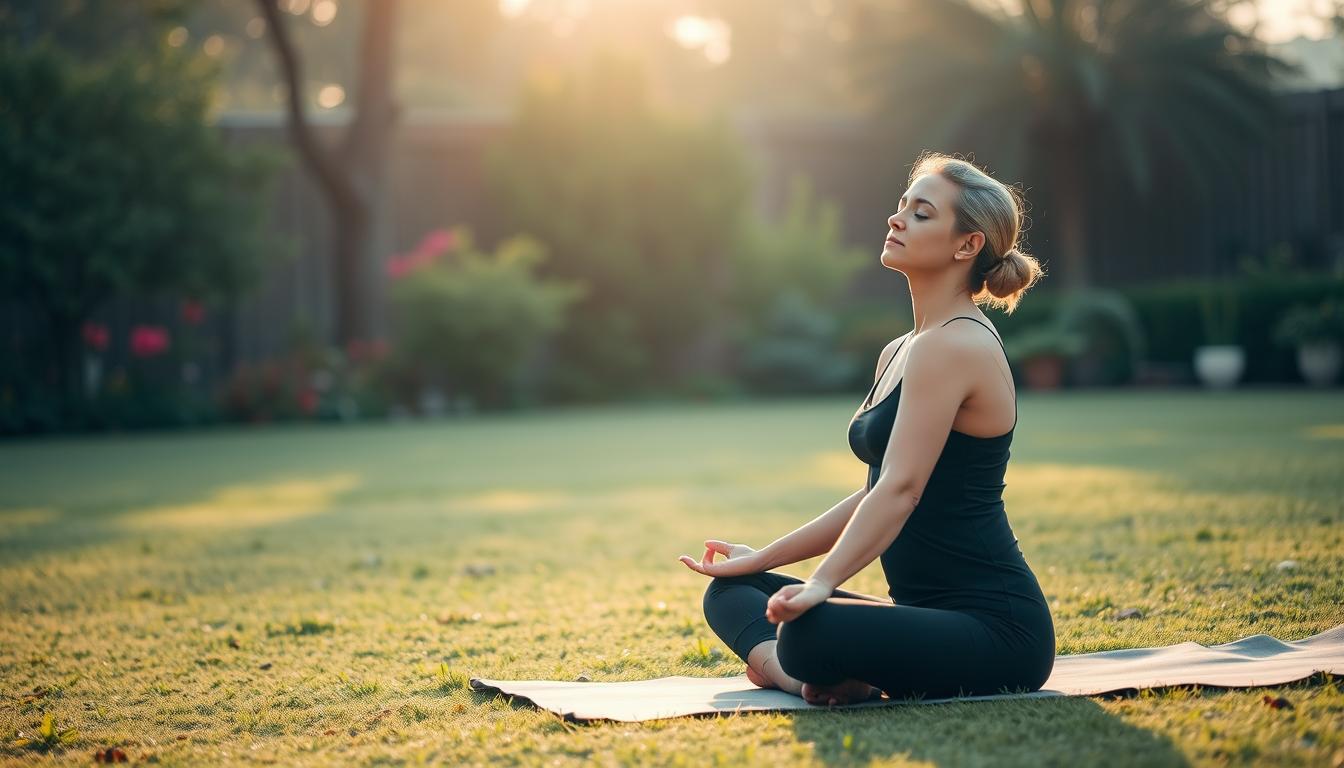 Person practicing meditation outdoors for stress reduction Person practicing meditation outdoors for stress reduction