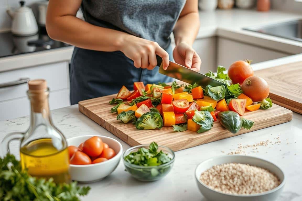 Person preparing Mediterranean diet meal in modern kitchen