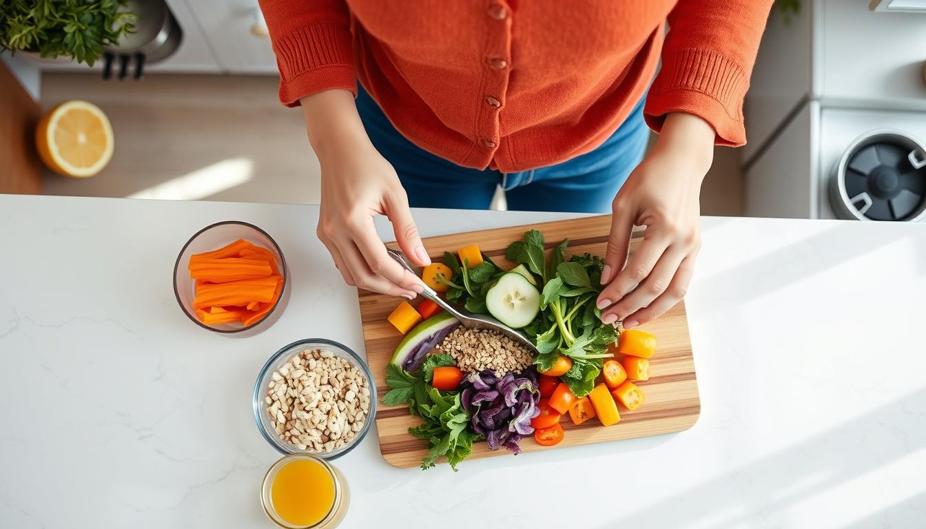 Person preparing a healthy gut-friendly meal with vegetables and whole grains Person preparing a healthy gut-friendly meal with vegetables and whole grains