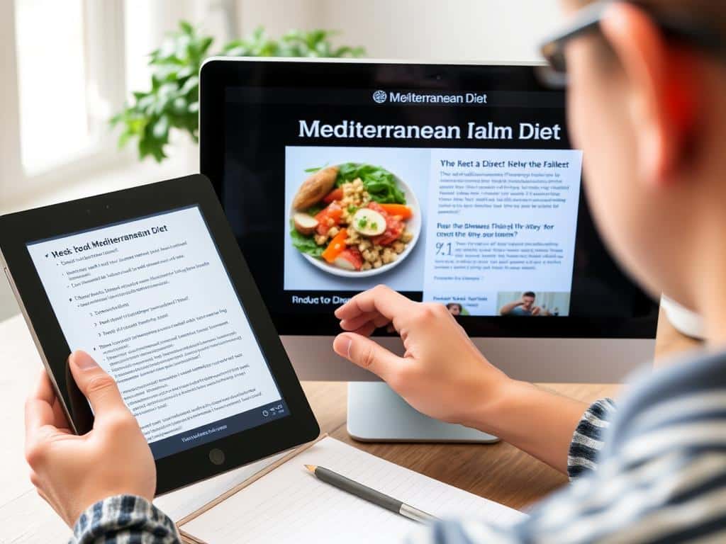 Person researching Mediterranean diet information on computer