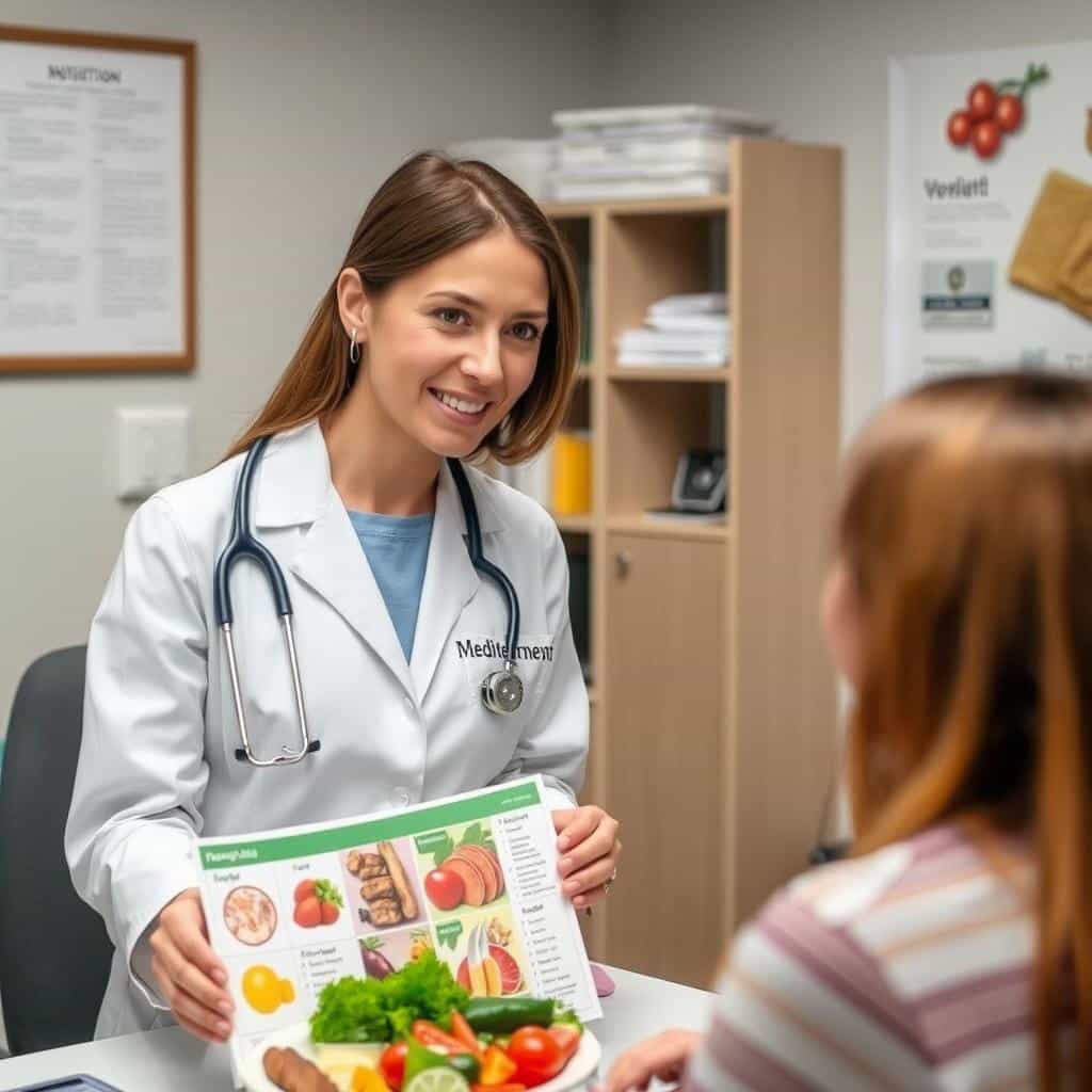 Professional nutritionist explaining Mediterranean diet benefits