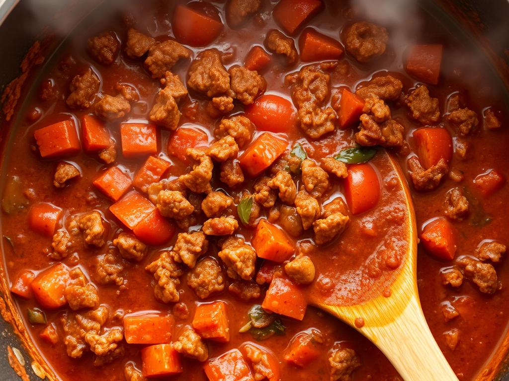 Rich moussaka meat sauce with ground lamb, tomatoes and spices simmering in a pan Rich moussaka meat sauce with ground lamb, tomatoes and spices simmering in a pan