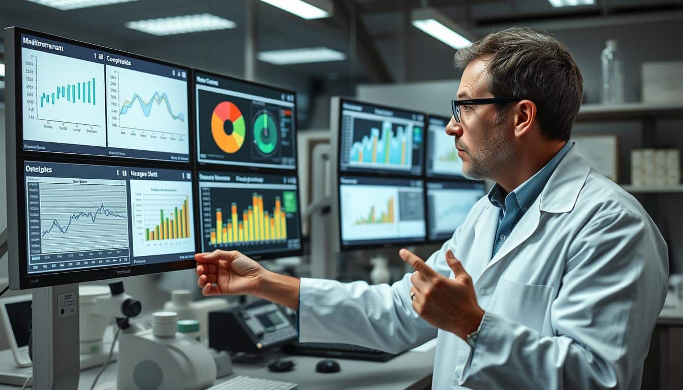 Scientist in lab analyzing Mediterranean diet health benefits data Scientist in lab analyzing Mediterranean diet health benefits data
