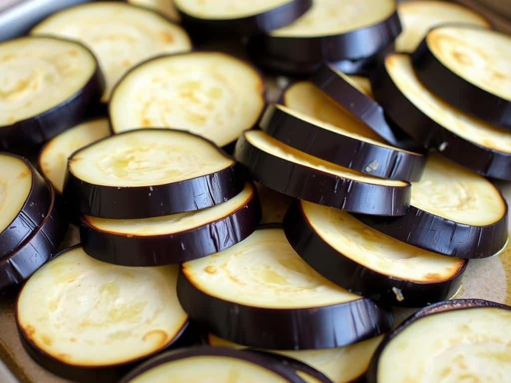 Sliced eggplants prepared for Moussaka, salted and ready to be cooked Sliced eggplants prepared for Moussaka, salted and ready to be cooked