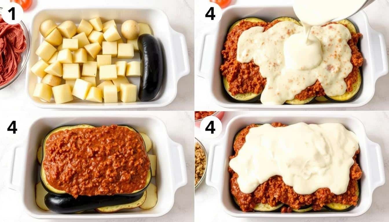 Step-by-step assembly of Moussaka layers in a baking dish Step-by-step assembly of Moussaka layers in a baking dish