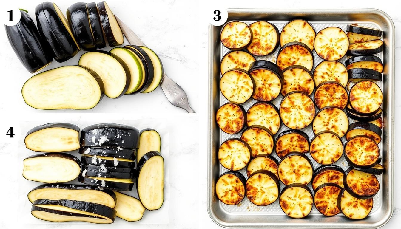 Step-by-step process of preparing eggplant for Moussaka - slicing, salting, and cooking Step-by-step process of preparing eggplant for Moussaka - slicing, salting, and cooking