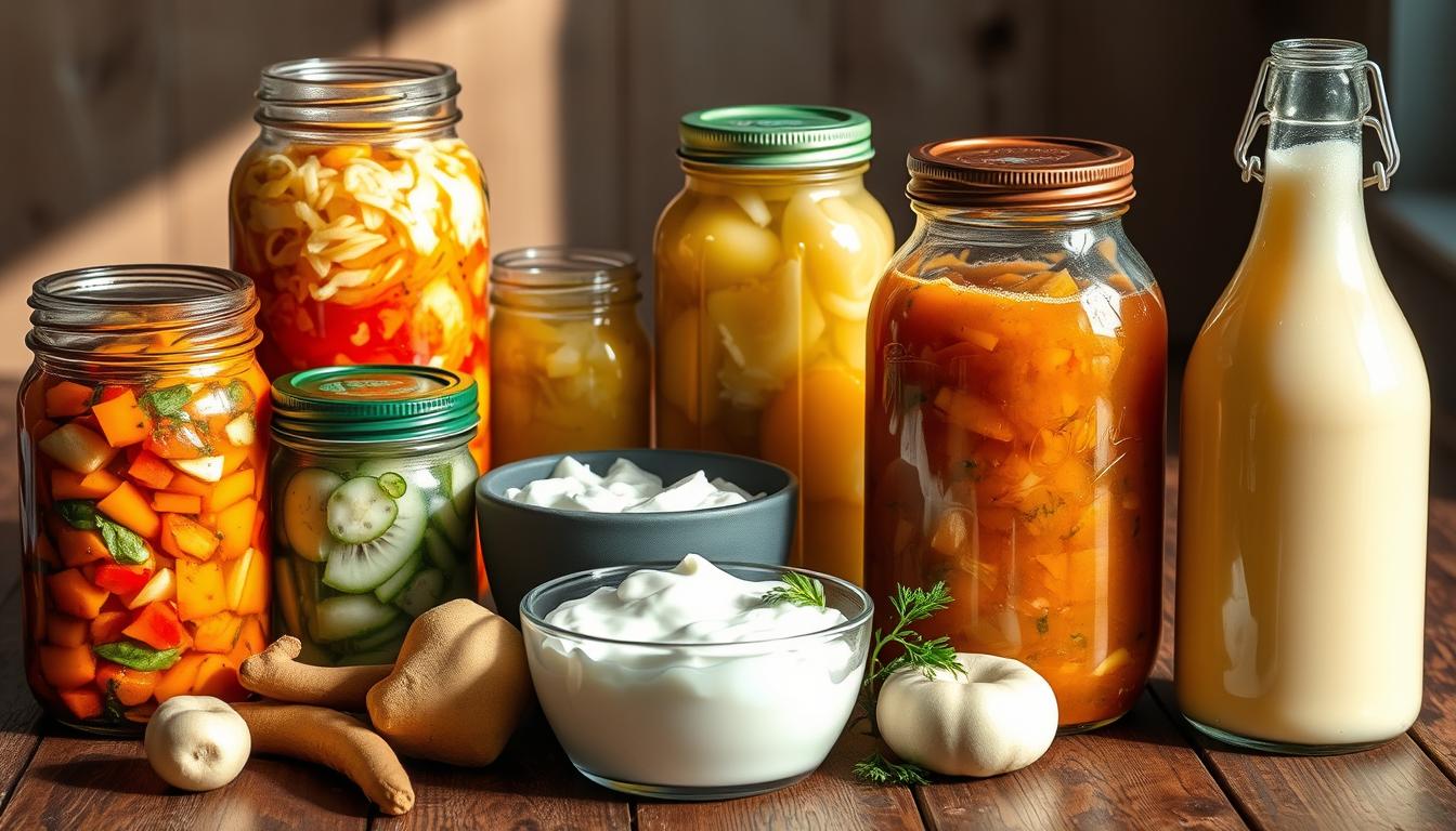 Various fermented foods like kimchi, sauerkraut, yogurt and kombucha arranged on a table Various fermented foods like kimchi, sauerkraut, yogurt and kombucha arranged on a table