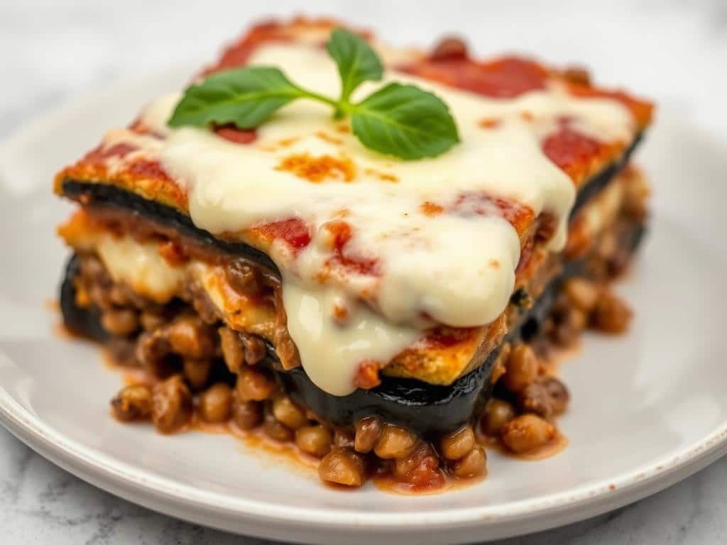 Vegetarian Moussaka with lentil filling instead of meat Vegetarian Moussaka with lentil filling instead of meat