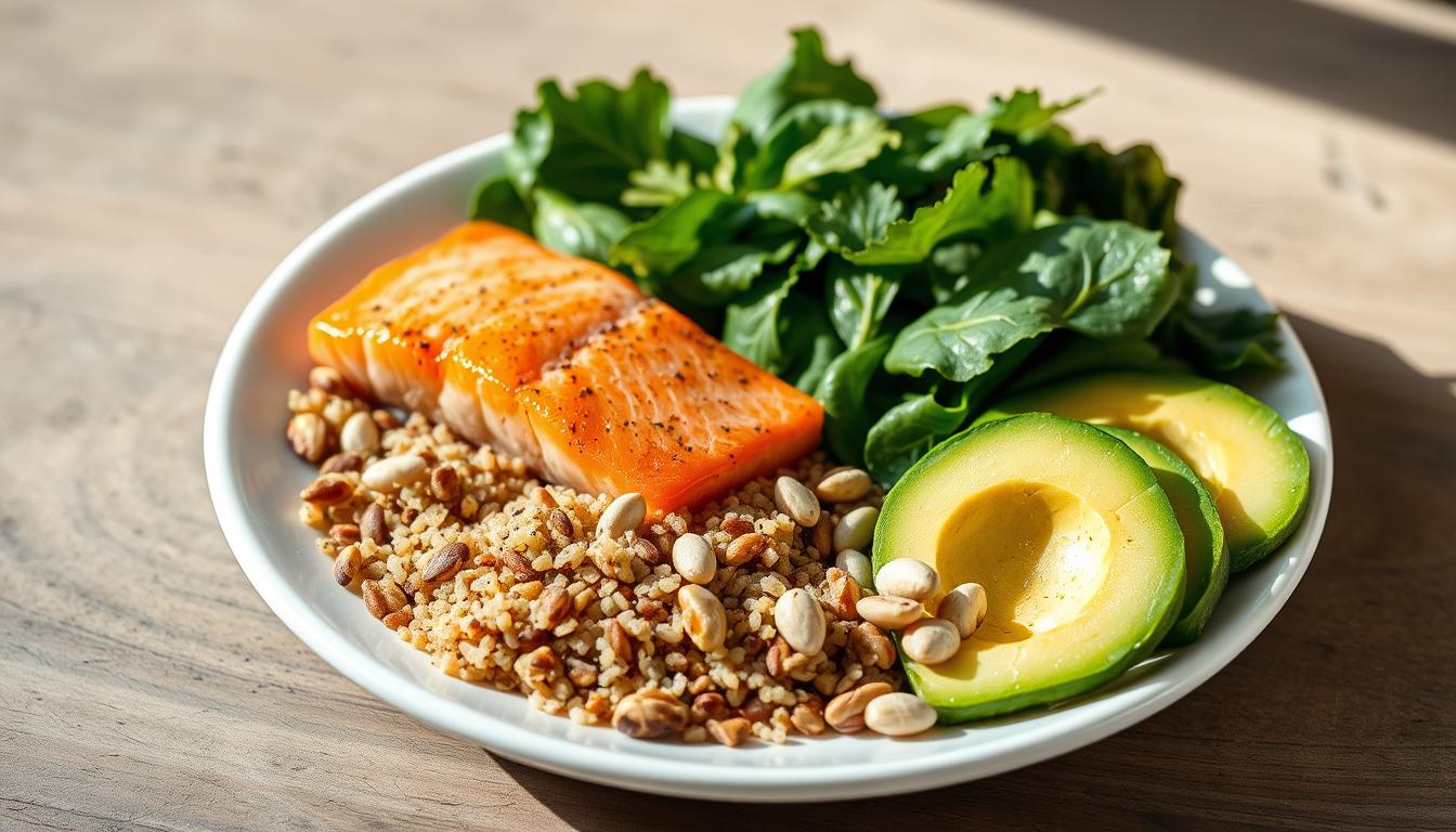A balanced plate featuring various magnesium-rich foods from different food groups A balanced plate featuring various magnesium-rich foods from different food groups