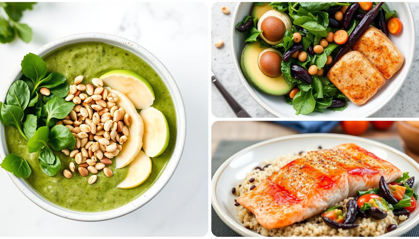 A collage of magnesium-rich meals including a breakfast smoothie bowl, lunch salad with avocado, and dinner with salmon and leafy greens A collage of magnesium-rich meals including a breakfast smoothie bowl, lunch salad with avocado, and dinner with salmon and leafy greens