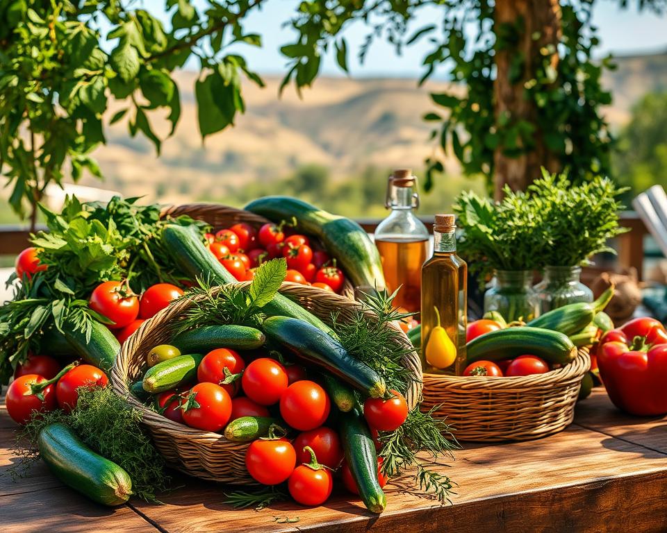 A sun-drenched Mediterranean landscape, a wooden table overflowing with vibrant, fresh ingredients: ripe tomatoes, crisp cucumbers, lush leafy greens, juicy olives, fragrant herbs, and golden olive oil. In the foreground, a rustic woven basket spills forth an abundance of seasonal produce - zucchini, eggplant, bell peppers, and more. A subtle, warm lighting illuminates the scene, casting soft shadows and highlighting the rich, natural colors. In the background, a glimpse of azure blue sky and distant rolling hills, capturing the essence of the Mediterranean diet's emphasis on local, seasonal, and plant-based foods. The overall atmosphere is one of simplicity, health, and the celebration of nature's bounty. A sun-drenched Mediterranean landscape, a wooden table overflowing with vibrant, fresh ingredients: ripe tomatoes, crisp cucumbers, lush leafy greens, juicy olives, fragrant herbs, and golden olive oil. In the foreground, a rustic woven basket spills forth an abundance of seasonal produce - zucchini, eggplant, bell peppers, and more. A subtle, warm lighting illuminates the scene, casting soft shadows and highlighting the rich, natural colors. In the background, a glimpse of azure blue sky and distant rolling hills, capturing the essence of the Mediterranean diet's emphasis on local, seasonal, and plant-based foods. The overall atmosphere is one of simplicity, health, and the celebration of nature's bounty.