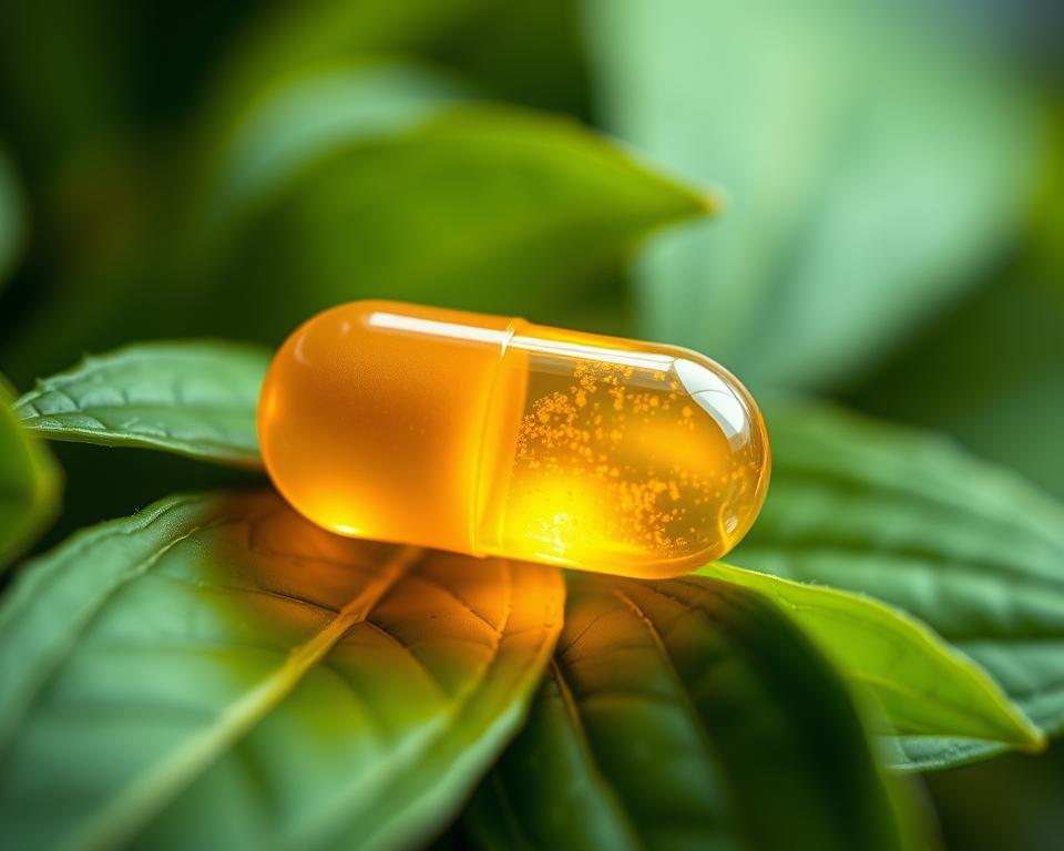 A vibrant, close-up image of a glowing, translucent zinc supplement capsule resting on a bed of fresh green leaves. The capsule emits a soft, warm light, illuminating the surrounding leaves and casting gentle shadows. The image is captured with a macro lens, providing a detailed, almost crystalline perspective of the zinc supplement's molecular structure. The lighting is natural and diffused, creating a soothing, serene atmosphere that emphasizes the healing and restorative properties of zinc. The background is blurred, keeping the focus on the captivating, therapeutic essence of the zinc capsule.