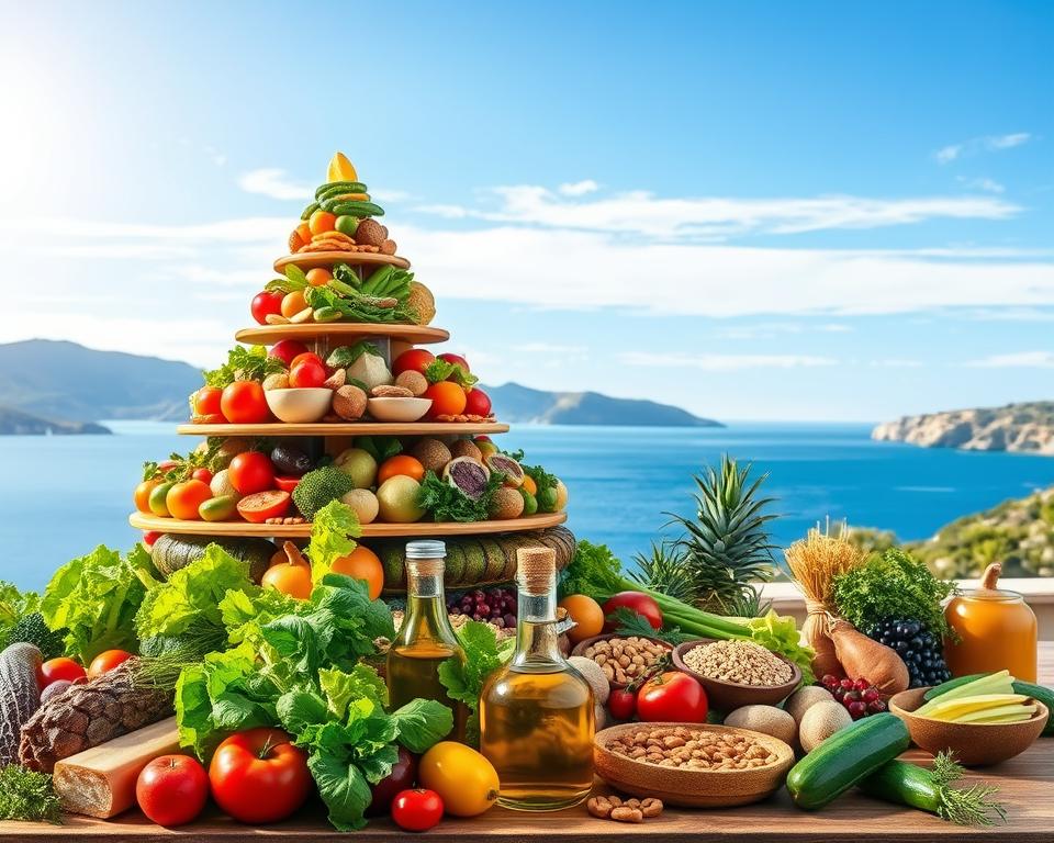 A vibrant, realistic rendering of the Mediterranean diet food pyramid, showcased in a natural, well-lit setting. The pyramid's tiers display an array of fresh, colorful Mediterranean ingredients - leafy greens, vegetables, fruits, whole grains, legumes, nuts, and olive oil in the foreground. The middle ground features a mix of traditional Mediterranean dishes, while the background depicts a scenic coastal landscape with blue skies, distant hills, and a glimpse of the serene sea. The overall composition conveys the harmony, balance, and health-conscious essence of the Mediterranean dietary approach. The image should captivate the viewer and effectively illustrate the  A vibrant, realistic rendering of the Mediterranean diet food pyramid, showcased in a natural, well-lit setting. The pyramid's tiers display an array of fresh, colorful Mediterranean ingredients - leafy greens, vegetables, fruits, whole grains, legumes, nuts, and olive oil in the foreground. The middle ground features a mix of traditional Mediterranean dishes, while the background depicts a scenic coastal landscape with blue skies, distant hills, and a glimpse of the serene sea. The overall composition conveys the harmony, balance, and health-conscious essence of the Mediterranean dietary approach. The image should captivate the viewer and effectively illustrate the