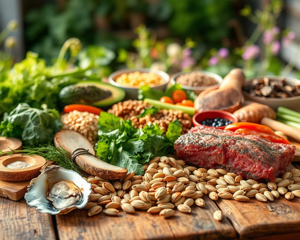 A visually compelling arrangement of a diverse selection of nutrient-rich foods on a rustic wooden table, bathed in warm, natural lighting. In the foreground, a vibrant display of oysters, lean red meat, and roasted pumpkin seeds, highlighting their high zinc content. In the middle ground, a mix of leafy greens, whole grains, and legumes, all contributing to a well-rounded, zinc-rich diet. The background features a subtle, out-of-focus backdrop of a lush, verdant garden, conveying a sense of health, vitality, and connection to nature. The overall scene evokes a feeling of balance, abundance, and the importance of a varied, nutrient-dense diet for optimal zinc intake and overall well-being.