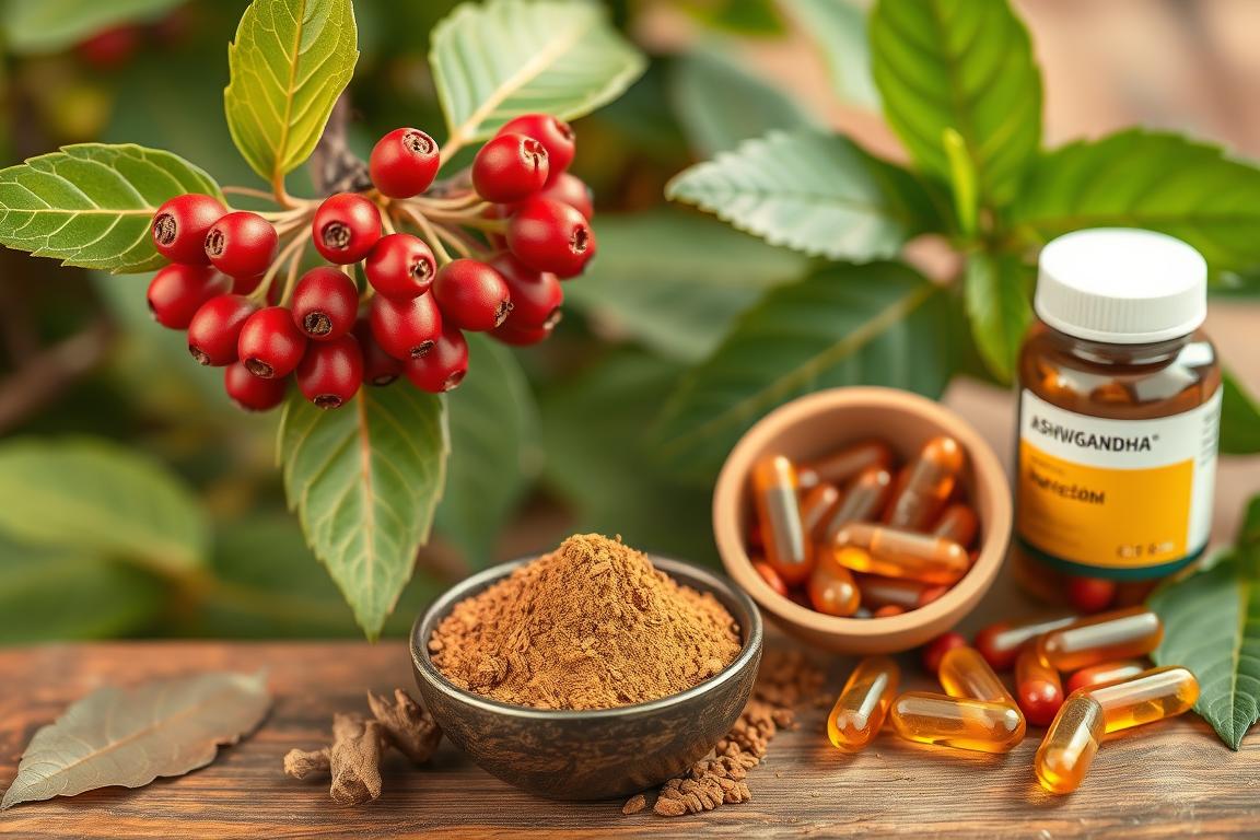 Ashwagandha plant, root powder, and supplement forms Ashwagandha plant, root powder, and supplement forms