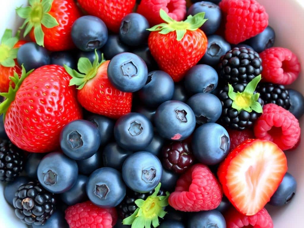 Assortment of fresh berries including blueberries, strawberries and raspberries that reduce blood pressure Assortment of fresh berries including blueberries, strawberries and raspberries that reduce blood pressure