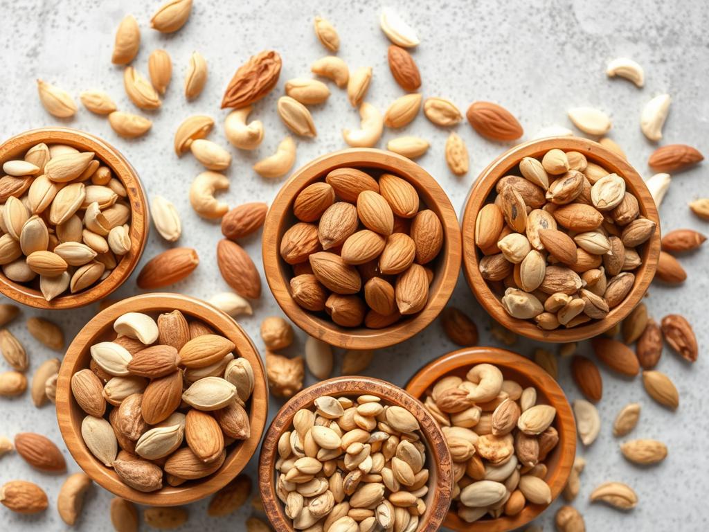 Assortment of magnesium-rich nuts and seeds including pumpkin seeds, almonds, cashews, and sunflower seeds in small bowls Assortment of magnesium-rich nuts and seeds including pumpkin seeds, almonds, cashews, and sunflower seeds in small bowls