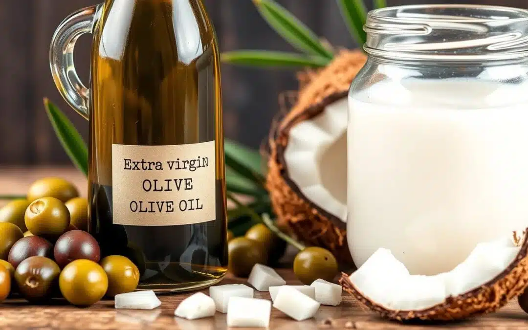 Bottles of olive oil and coconut oil side by side with fresh olives and coconuts, representing the olive oil vs coconut oil for health comparison