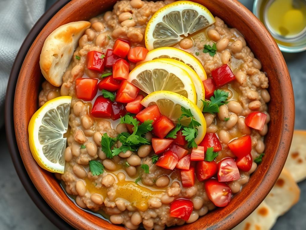 Bowl of ful medames topped with olive oil, lemon, and herbs Bowl of ful medames topped with olive oil, lemon, and herbs