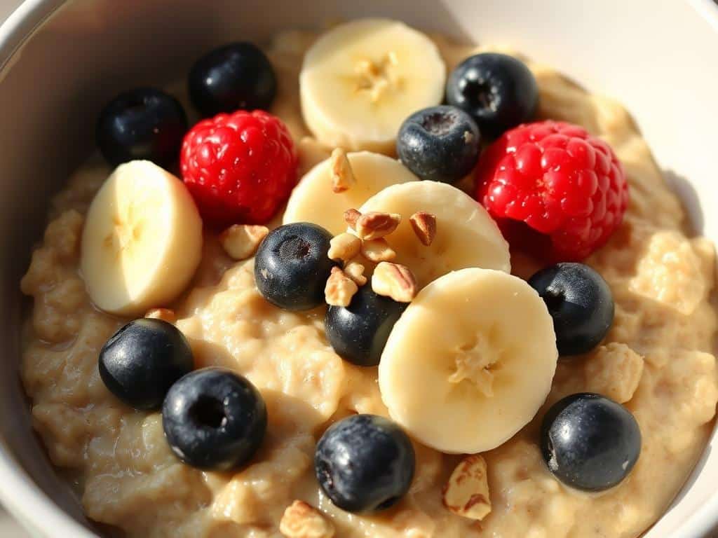 Bowl of oatmeal with berries and nuts that helps reduce blood pressure Bowl of oatmeal with berries and nuts that helps reduce blood pressure